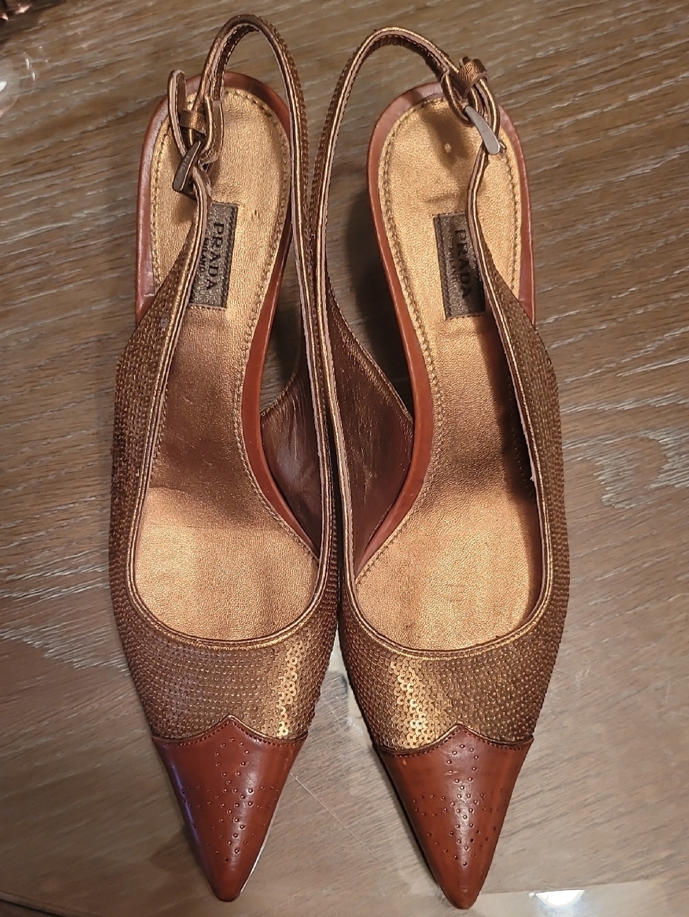 Prada Metallic Bronze Pointed Kitten Heel Slingback Heels